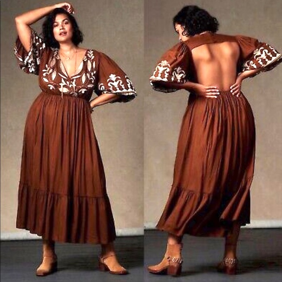 Anthropologie Boho Maxi Dress NWT Rich Brown Embroidered So Perfect & Stunning! - Picture 12 of 12